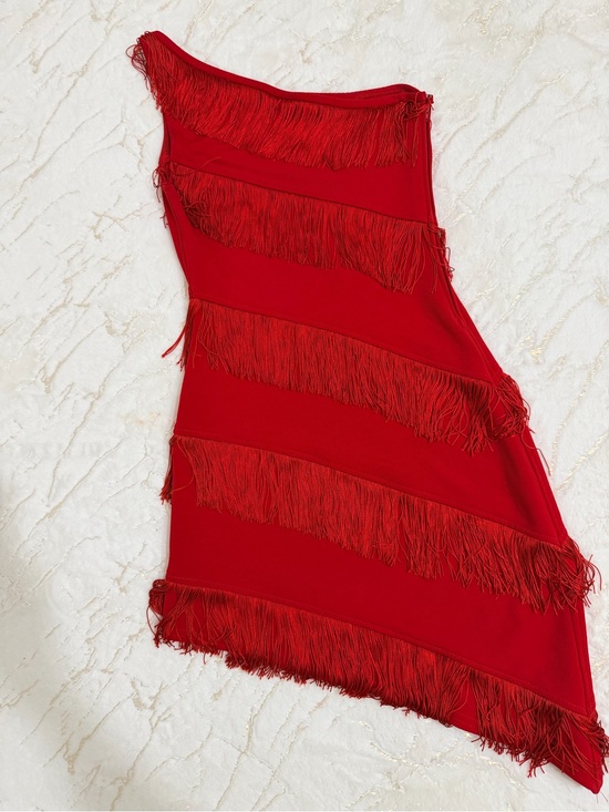 Dresses & Skirts - Red One-Shoulder Fringe Dress